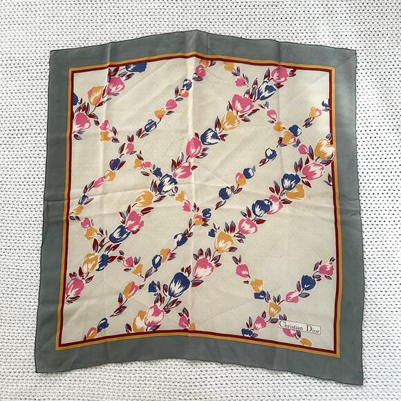 Christian Dior Vintage Grey Square Border Floral Diagonal Grid Silk Scarf Read - Picture 1 of 9